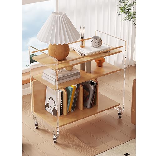 Rollbarer Aufbewahrungswagen Aus Acryl Und Bambus Feststellbaren Rollen, 3 stufiger Sofa beistelltisch, Aufbewahrungswagen für Wohnzimmer, Esszimmer, Küche (70x36x70cm(27x14x27inch) , Yellow)