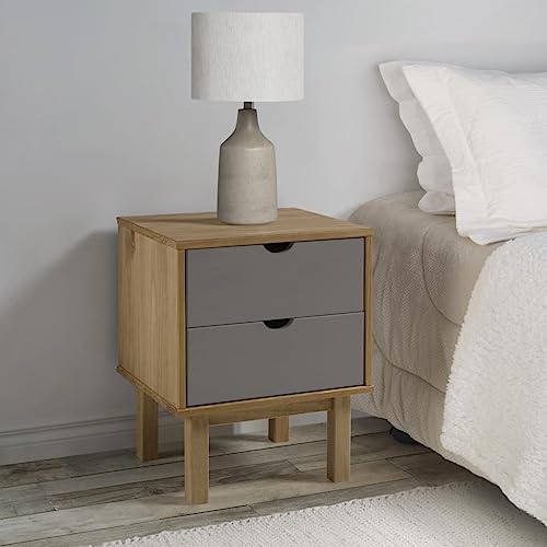 KATERYY Nachttisch OTTA Braun & Grau 45x39x57 cm Massivholz Kiefer,Skandinavischer Nachttisch aus massivem Kiefernholz mit Stauraum und Wandhalterung für sicheres Wohnen Schlafzimmer, Nachttische
