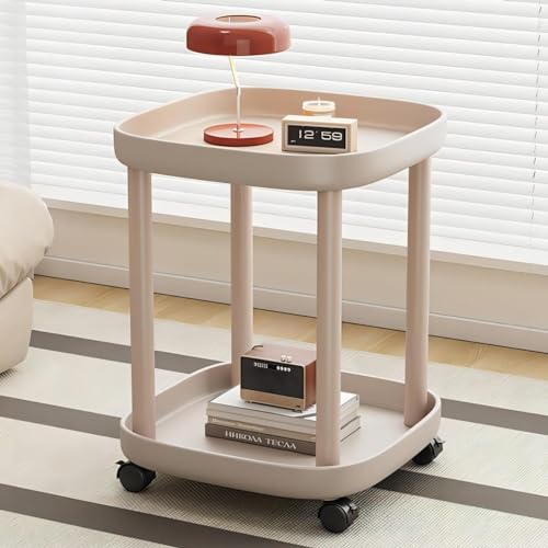 Runder Rolltisch mit feststellbaren Rollen, Nachttisch aus Kunststoff für Wohnzimmer, Schlafzimmer, Balkon, Terrasse - Hellbraun Moderner Beistelltisch