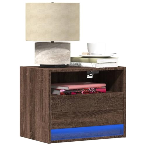 Youuihom Wand-Nachttisch mit LED-Leuchten Braun Eichen-Optik Telefontisch Sideboard Nachtkästchen Bed Side Table Bedroom für Jugendzimmer Schlafzimmer Bad Wohnzimmer
