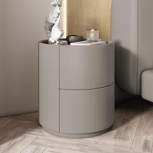 Moderner, minimalistischer, runder aus massivem Holz doppelten Schubladen, perfekt für kleine Schlafzimmer, rustikaler grauer Akzent, stilvolles und funktionales Design.