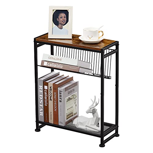ZEXVIDA Kleiner Beistelltisch mit Zeitschriftenhalter, 2-in-1 schlanker Seitentisch für kleine Räume, schmaler Beistelltisch, dünner Seitentisch für Wohnzimmer, schmaler Nachttisch (Rustikal Braun)