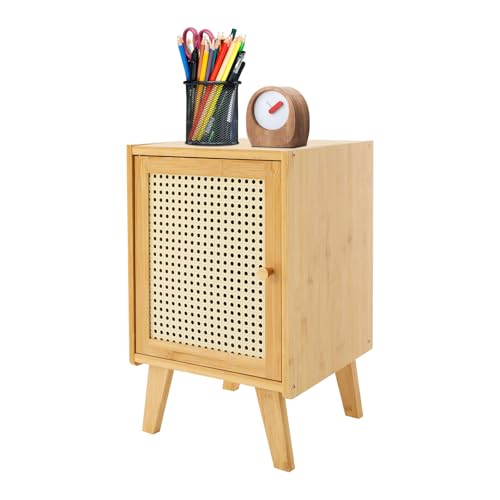 Alnemy Nachttisch Rattan Licht Holz Farbe Schrank Tür mit 2 Fächern Boho Rustic Modern Nachttisch (Holzfarbe)