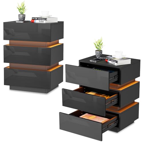 HaodaCulture Nachttisch 2er Set, Nachtschrank mit 3 Schubladen, Nachttisch mit Beleuchtung, 2 AC Steckdosen, 2 USB Anschlüsse, Beistelltisch für Schlafzimmer 45x35x62cm