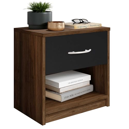 Stella Trading PEPE Nachttisch in Columbia Nussbaum Optik, Schwarz - Schlichter Nachtschrank mit einer Schublade passend zu jedem Bett & Schlafzimmer - 39 x 41 x 28 cm (B/H/T)