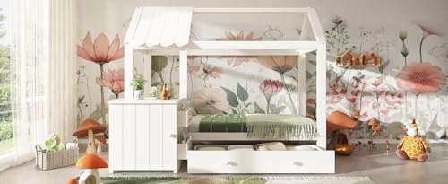 Gecheer Hausbett Kinderbett 90x200 cm, Blockhütte-Design, Massivholz, Schubladen, Abnehmbarer Nachttisch, für Kinderzimmer