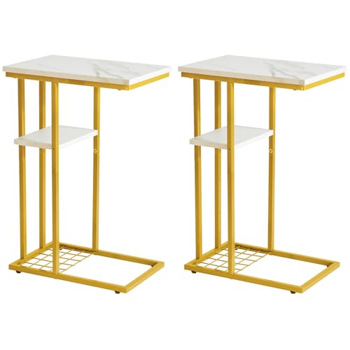 YMYNY Beistelltisch Kaffeetisch C-Form, Eleganter Kleiner Sofatisch, Industrie-Design 2er-Set,40 X 26 X 61.5 cm,Schlafzimmer Wohnzimmer, Marmormuster weiß und Gold HST004W-2