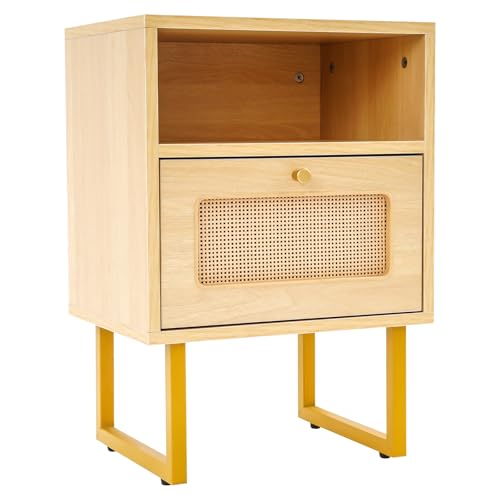 Ecoggeder Nachttisch Rattan Beistelltisch Nachtschrank Platzsparender Dichteplatte Nachtkästchen Couchtisch für Wohnzimmer, Schlafzimmer Büro mit offenem Fach 1 Schublade Holzfarbe 39 * 29 * 56.5 cm