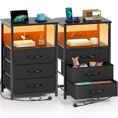 Rolanstar Nachttisch mit LED, Nachtschrank mit 3 Schubladen, Beistelltisch mit Ladefunktion, Platzsparend & Einfach Montiert für Schlafzimmer, Geeignet für Wohnzimmer, Schwarz 2pcs