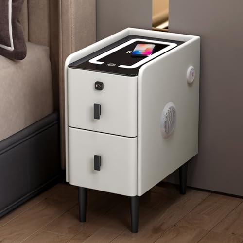 Smart Nachttisch mit USB-Ladestation, LED-Lichtern, Bluetooth-Lautsprecher und Fingerabdruck-Schloss, moderner schmaler Nachttisch mit Metallbeinen (weiß, Größe: 25 x 40 cm)