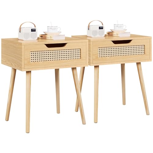 Yaheetech 2er Set Nachttisch Rattan Beistelltisch mit Schublade Nachtkommode Holzbeine Sofatisch Nachtkommode für Schlafzimmer/Wohnzimmer, Hellbraun