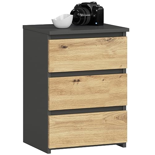 AKORD | Nachttisch Kommode CL-3 mit 3 Schubladen | für das Wohnzimmer Schlafzimmer Schrank Büro Arbeitszimmer | Modernes Funktionales Design | 40x57x35 cm, Gewicht 26 kg | Graphitgrau | Eiche Artisan