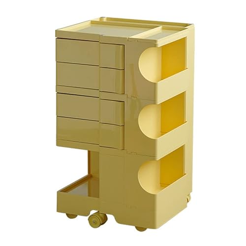 OVAQUIXI Rollbarer Nachttisch, Stoßfester ABS-Kunststoff, 3-lagige Drehbare Schublade, Stilvoller Nachttisch für Schlafzimmer und Büro (Gelbes gleichfarbiges Rad)