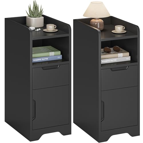 Brinlawb Nachttisch 2er set, Nachttisch Schmal Nachtschrank 2er set mit 1 offenen Fach, 1 Schublade und 1 Schrank mit Tür, Beistelltisch Schmal Sofatisch Nightstand für Schlafzimmer Wohnzimmer Schwarz