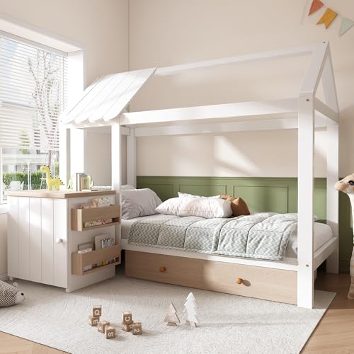 Soweiz Hausbett Kinderbett 90x200 cm aus Massivholz mit Schubladen & abnehmbarem Nachttisch - Bodenbett, Kinderbett in Form eines Hauses mit Schubladen, ohne Matratze (Weiß-Eiche)