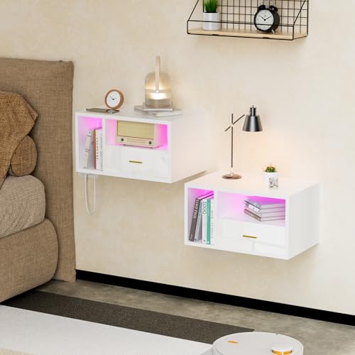 Nachttisch Hängend 2er set mit 1AC-Steckdose/2 USB-Anschlüsse & RGB LED-Beleuchtung,Nachtkäs tchen Schwebend mit 1Schublade & 1 Offenen Ablagen,46.5x30x25.5cm,St ilvoll für Schlaf & Wohnzimmer(weiß)