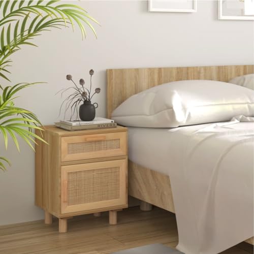 SDWEHO7 Nachtschrank mit 1 Schublade und 1 Fach, Nachttisch, Beistelltisch für Schlafzimmer/Wohnzimmer, Ablagetisch, Beistellschrank, Braun Massivholz Kiefer und Natur-Rattan