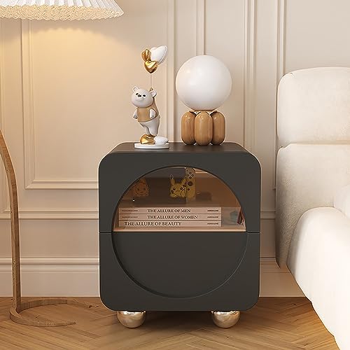 Moderner Nachttisch mit Schubladen aus gehärtetem Glas, stilvoller Nachttisch, Edelstahlbeine, Akzent-Beistelltisch für Schlafzimmer/Wohnzimmer (Farbe: Schwarz, Größe: 45 x 40 x 48 cm)