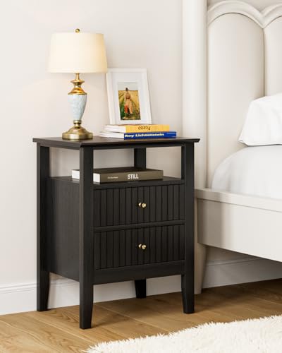 HEYZOEY Nachttisch, Retro Nachtschrank mit 2 Schubladen, Massivholz Nachttisch, Boho Nachtkommode für Schlafzimmer, Wohnzimmer, Schwarz
