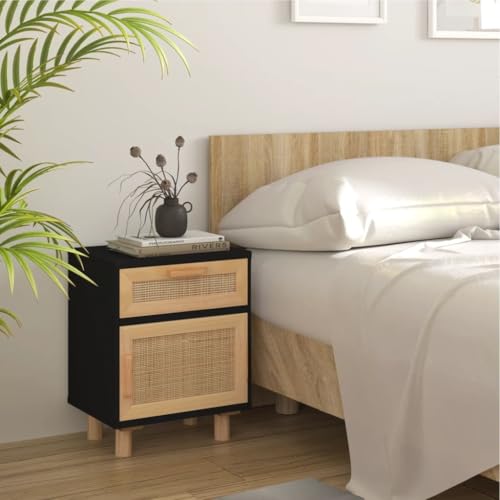 HEFZGDB Nachttische 2 STK. Schwarz Massivholz Kiefer und Natur-Rattan Nachtkasten Nachtschrank Wohnzimmertisch Nachtschränkchen für Schlafzimmer Gästezimmer Hotel Wohnzimmer