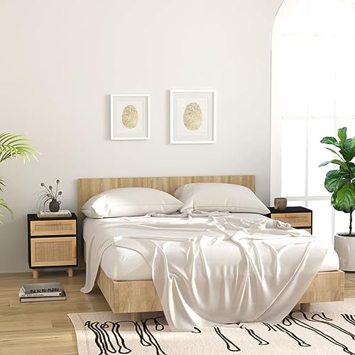 ShGaxin Nachttische 2 STK. Schwarz Massivholz Kiefer und Natur-Rattan, Nachtschrank, Nachtkästchen, Bedside Table, Nachtkommode, Nightstand, Nachttischschrank, Nachtkonsole