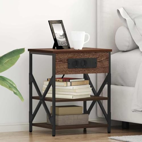 INLIFE Nachttisch mit Ladestation mit Regal Braune Eiche Holzwerkstoff,Möbel,Tisc he,Nachttische,Braun,7.62 KG,859523