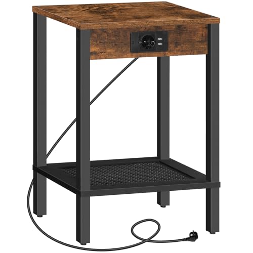 HOOBRO Beistelltisch mit Ladestation, Nachttisch mit Steckdose und 2 USB-Anschlüssen, 2-stufiger Beistelltisch, für kleine Räume, Schlafzimmer, Wohnzimmer, Vintagebraun und Schwarz EBF91CBZ01