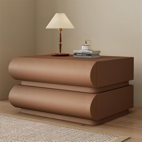 Minimalistischer Nachttisch Mit 2 Schubladen Aus Massivholz, Nachttisch Mit PU, Geschwungener Beistelltisch, Nachttisch Ohne Montage Für Schlafzimmer, Wohnzimmer,Braun,40cm