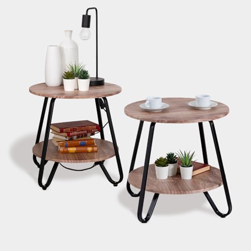 MEUBLE COSY Nachttisch 2er Set Beistelltisch Nachtschrank mit offenen Ablagen Wohnzimmertisch Sofatisch für Schlafzimmer Wohnzimmer Büro, Industrie, aus Ingenieurholz Metall, Hellbraun + Schwarz
