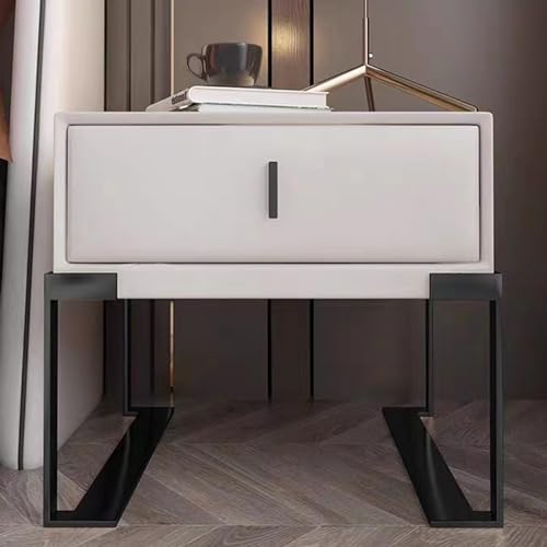 Eleganter weißer Nachttisch mit Stauraum – Moderner Nachttisch aus Mikrofaser, Leder, vergoldete Edelstahlfüße, Metallgriffe, 40 x 40 x 50 cm, stilvolle Schlafzimmermöbel