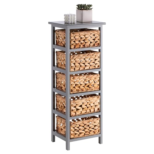 IDIMEX Kommode ARBO mit 5 Körben aus Wasserhyazinthe, grau - Paulownia Holz, Beistelltisch mit praktischer Aufbewahrung, Organizer Regal ideal für den Flur und schmale Räume