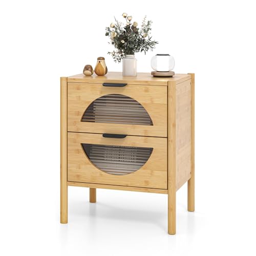 KOMFOTTEU Nachttisch aus Bambus, Beistelltisch mit 1/2 Schubladen aus gehärtetem Glas, Nachttisch für Schlafzimmer, Wohnzimmer, Natur (mit 2 Schubladen)