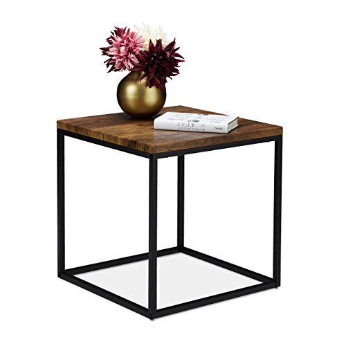 Relaxdays Beistelltisch, quadratisch, 45 cm, Industrial, Abstelltisch Wohn- & Schlafzimmer, Metall, Holzoptik/schwarz