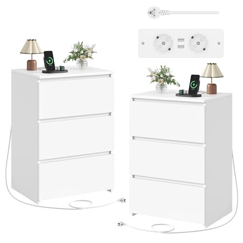 FirFurd Nachttisch 2er Set mit Steckdose Nachtschrank mit 3 Schubladen & 2 AC-Steckdosen & 2 USB-Anschlüsse Beistelltisch Nachtkommode für Schlafzimmer Wohnzimmer 45 x 38 x 66 cm weiß