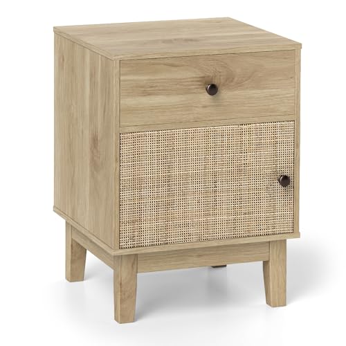GIANTEX Nachttisch Rattan Boho Beistelltisch mit Schublade & Stauraum-Schrank Nachtkommode Nachtschrank Holzbeine Sofatisch Nachtkonsole mit Kippschutz rutschfeste Füße 40x39x55 cm (Natur)