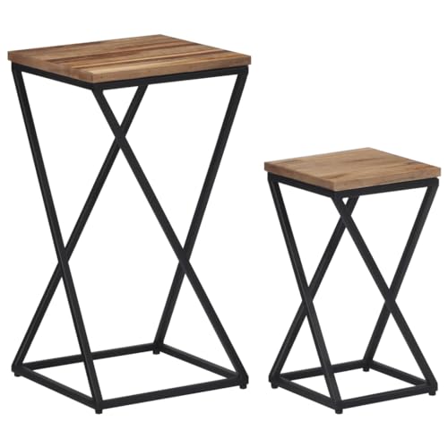 Tonture 2er-Set Beistelltische aus recyceltem Teak-Massivholz, Robustes Eisen, Schwarz, 35/25 cm, individuelle Couchtische für Wohnzimmer, Schlafzimmer, Nachttisch-Ablage