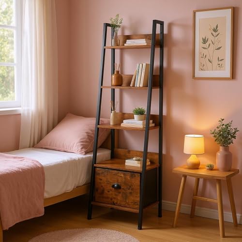 FurnitureR Nachttisch Leiterstil 5 Ebenen 42x29x141 cm mit Stoffschublade, 12 mm Holzplatten & 20 mm Metallrahmen, 7,5 cm Rückwand, Französischer Vintage-Stil für Schlafzimmer