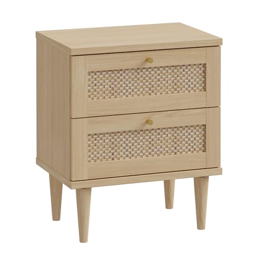 FORTE CALASETTA Nachttisch 50, Boho Nachtschrank, 2 Schubladen, Nachtkommode, Nachttisch, Holzwerkstoff, Elegancia Eiche Holzdekor/Technorattan, 50,0 cm breit x 61,0 cm hoch x 35,0 cm tief