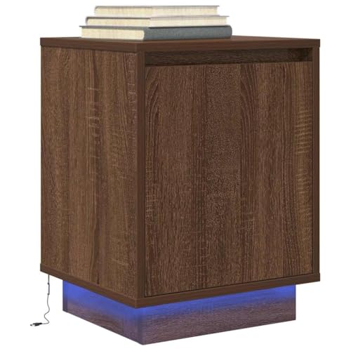 Runheo Nachttisch mit LED-Beleuchtung, Braun Eichen-Optik, 38x34x50 cm, Holzwerkstoff, USB-Anschluss, Stauraum für Schlafzimmer