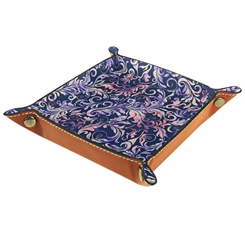 Valet-Tablett, Schreibtisch-Aufbewahrung s-Organizer, hochwertiges PU-Leder-Auffangtablett, Nachttisch-Waschtisch-Tab lett, Nachttisch-Caddy-Halter,B arocke Blumenkunst Vintages lila Rosa