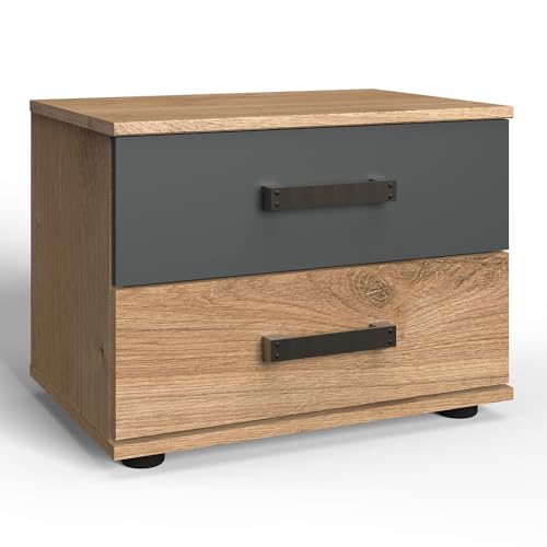 Lomadox Schlafzimmer Nachtschrank Nachtkommode Nachttisch Nachtischschrank 2 Schubladen Industrial Stil Eiche mit Graphit 52x40x38 cm