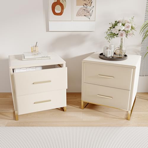 Set mit 2 gepolsterten Nachttischen mit 2 Schubladen, Beistelltisch, Couchtisch, schmal, mit Füßen und Griffen aus vergoldetem Metall, für Wohnzimmer, Schlafzimmer, Samt (Beige-C)