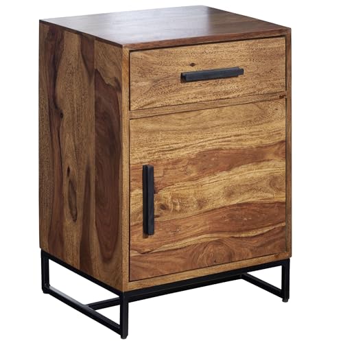 FineBuy Nachttisch Sheesham Massivholz/Metall 45x35x65 cm Nachtschrank Boxspringbett, Design Nachtkonsole mit Schublade und Tür, Nachtkommode Industrial mit Stauraum
