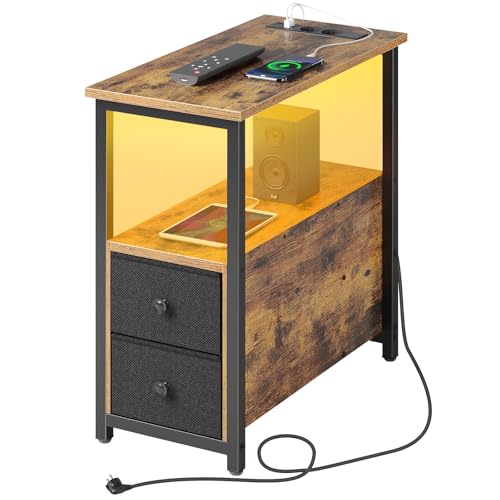 Rolanstar Beistelltisch mit Steckdosenleiste, Schmaler Nachttisch mit 2 Schubladen, Sofatisch aus Holz für kleine Räume Wohnzimmer Schlafzimmer, Vintagebraun, 58L x 28B x 60H cm