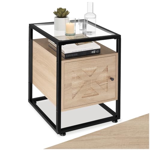 tectake® Nachttisch mit Glasoberfläche, 40 x 43 x 60,5 cm, Beistelltisch Holz + Metall, Nachtschrank für Boxspringbetten, Deko Schlafzimmer, Deko Wohnzimmer - Industrial Holz hell, Eiche Sonoma