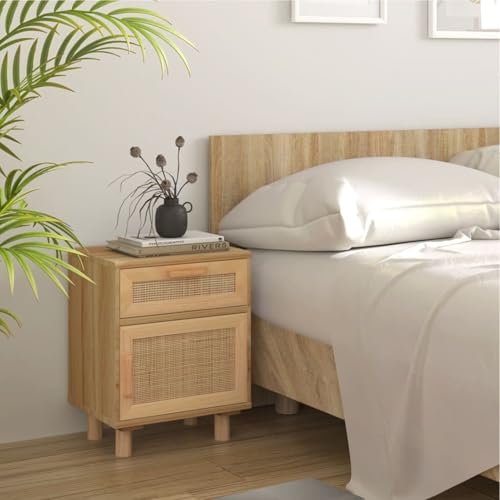 JUDYY Nachttisch Braun Massivholz Kiefer und Natur-Rattan, Nachtschrank, Nachtkästchen, Bedside Table, Nachtkommode, Nightstand, Nachttischschrank, Nachtkonsole