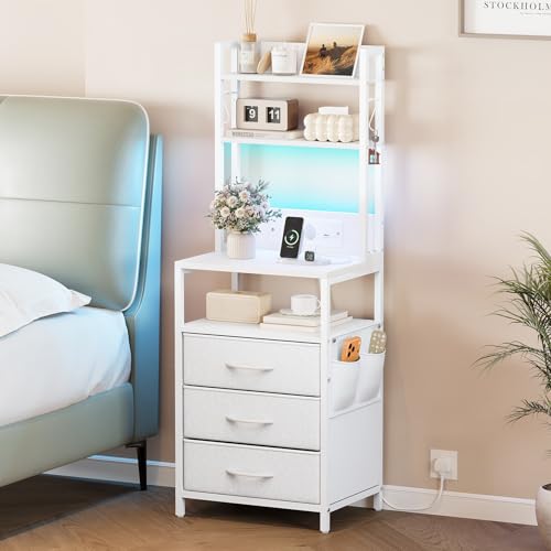 Dripex Nachttisch mit Ladefunktion & LED, Beistelltisch mit 3 Stoff-Schubladen, Nachtschrank mit Bücherregal, Offenes Fach, 2 AC, 1 USB & 1 Typ C Anschlüssen, für Schlafzimmer, Wohnzimmer, Büro(Weiß)
