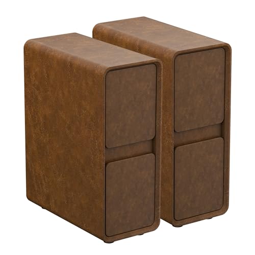 Moderner Nachttisch aus Leder, 19,8 cm, 2er-Set, komplett montiert, weiß, mit 2 Schubladen, stilvoller kleiner Akzent-Beistelltisch für Schlafzimmer, braunes und weißes Dekor