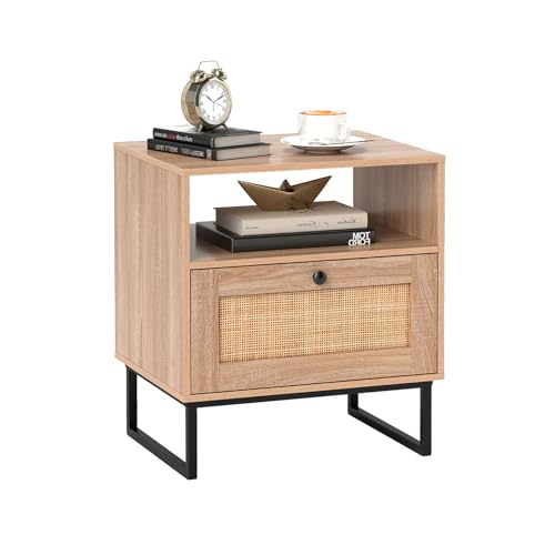 RELAX4LIFE Nachttisch, Nachtschrank mit Rattan-Schublade & offenem Fach, Beistelltisch mit 13cm erhöhten Metallbeinen, Platzsparender Nachtkästchen aus Holz für Schlafzimmer, 48 × 39 × 54,5cm, Natur