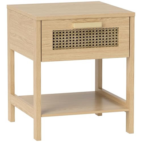 HOMCOM Nachttisch Nachtschrank Beistelltisch natürlicher Nachtkommode mit Schublade offenen Ablage Rattan-Design Natur 40 x 40 x 48,4 cm